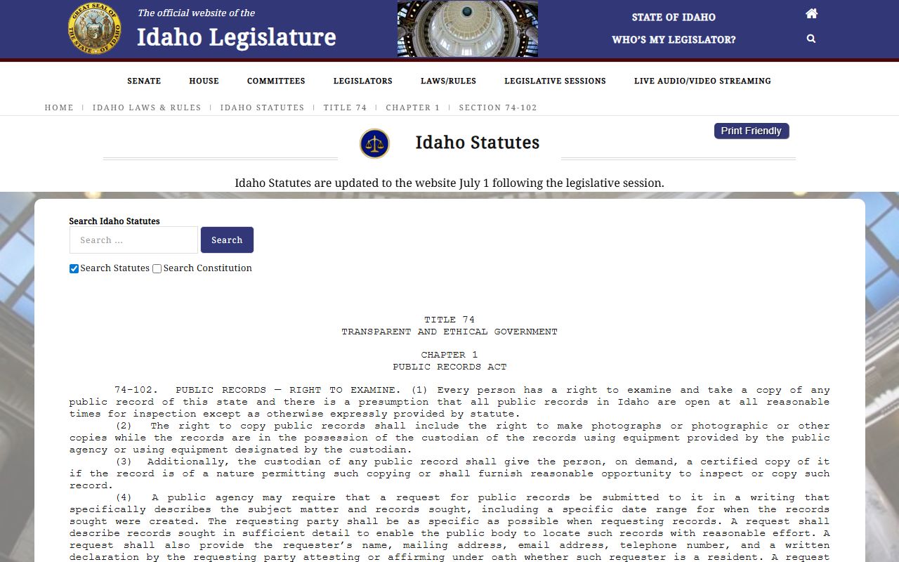 Boise County arrest records Idaho public records inspection statute source