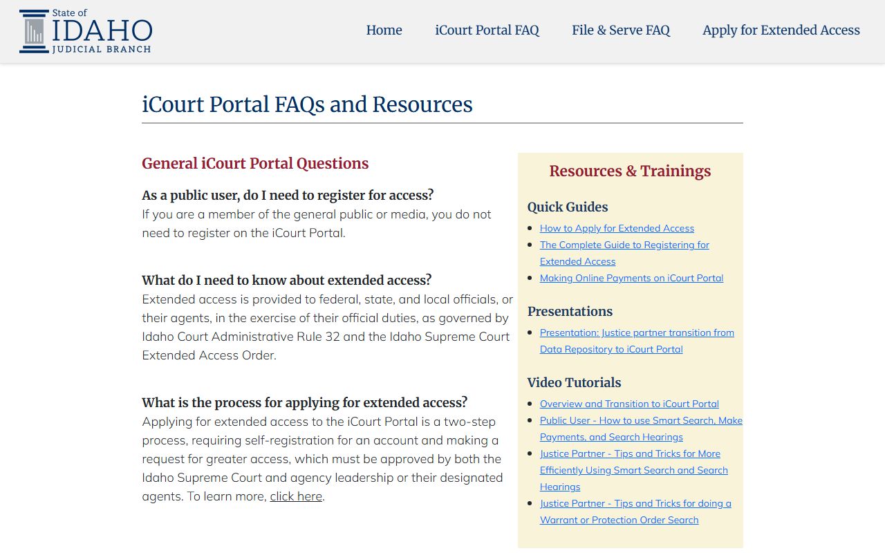 Boise County court records iCourt portal FAQ