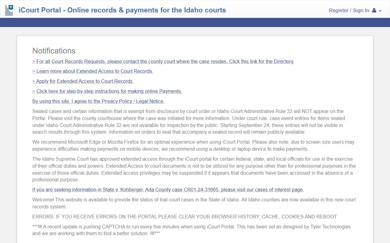 Boise County court records Idaho iCourt Portal homepage