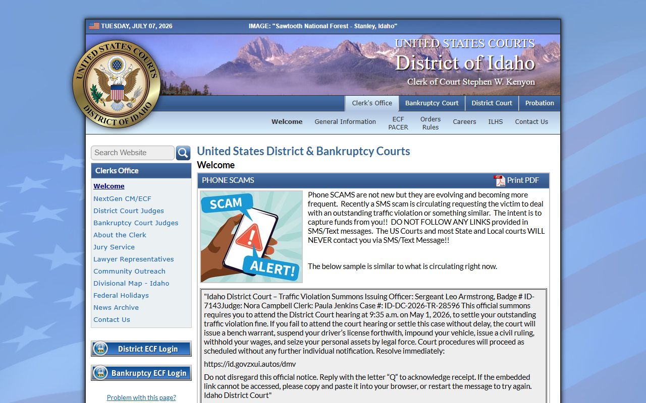 Boise County District Court federal District and Bankruptcy Courts for Idaho