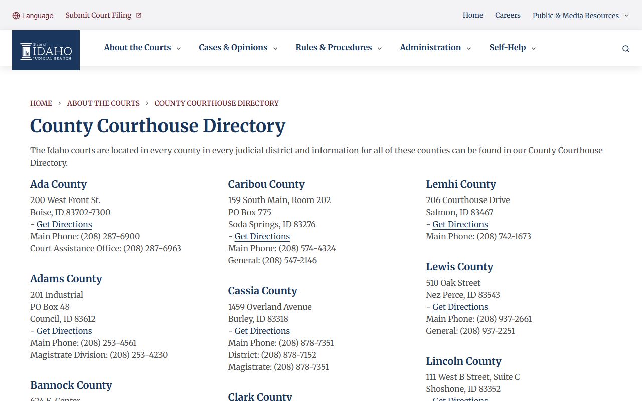 Boise County courthouse directory for court records