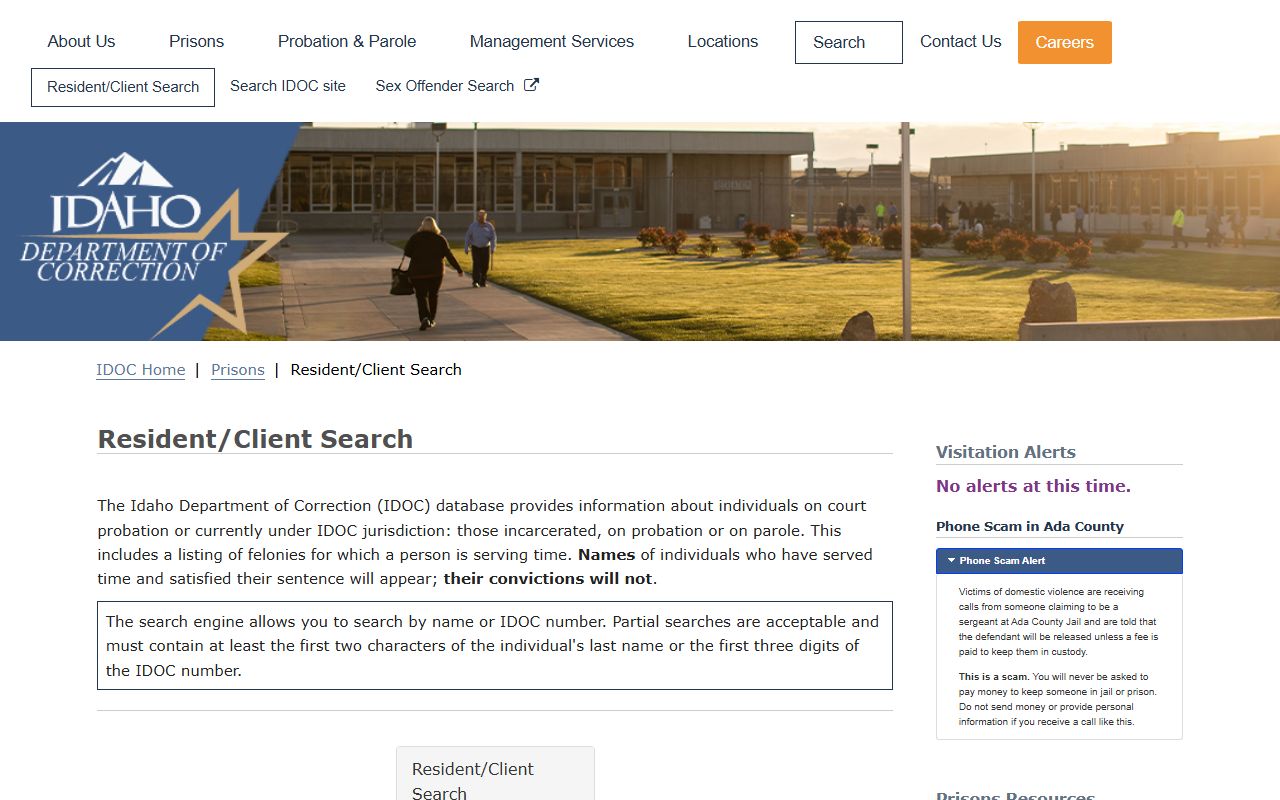 Boise County inmate search through the IDOC resident client search