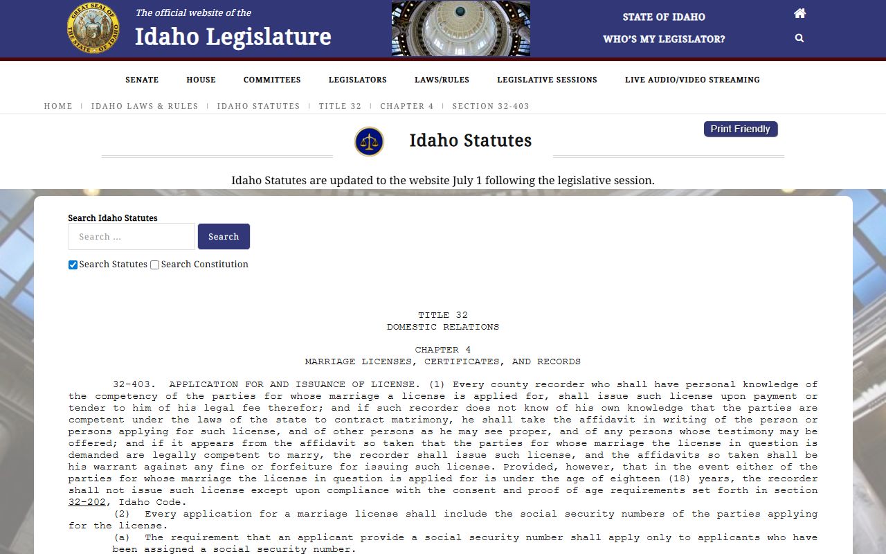 Boise County marriage records Idaho marriage license statute