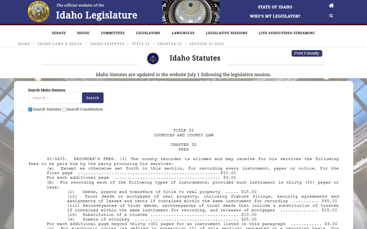 Boise County marriage records recording fee statute